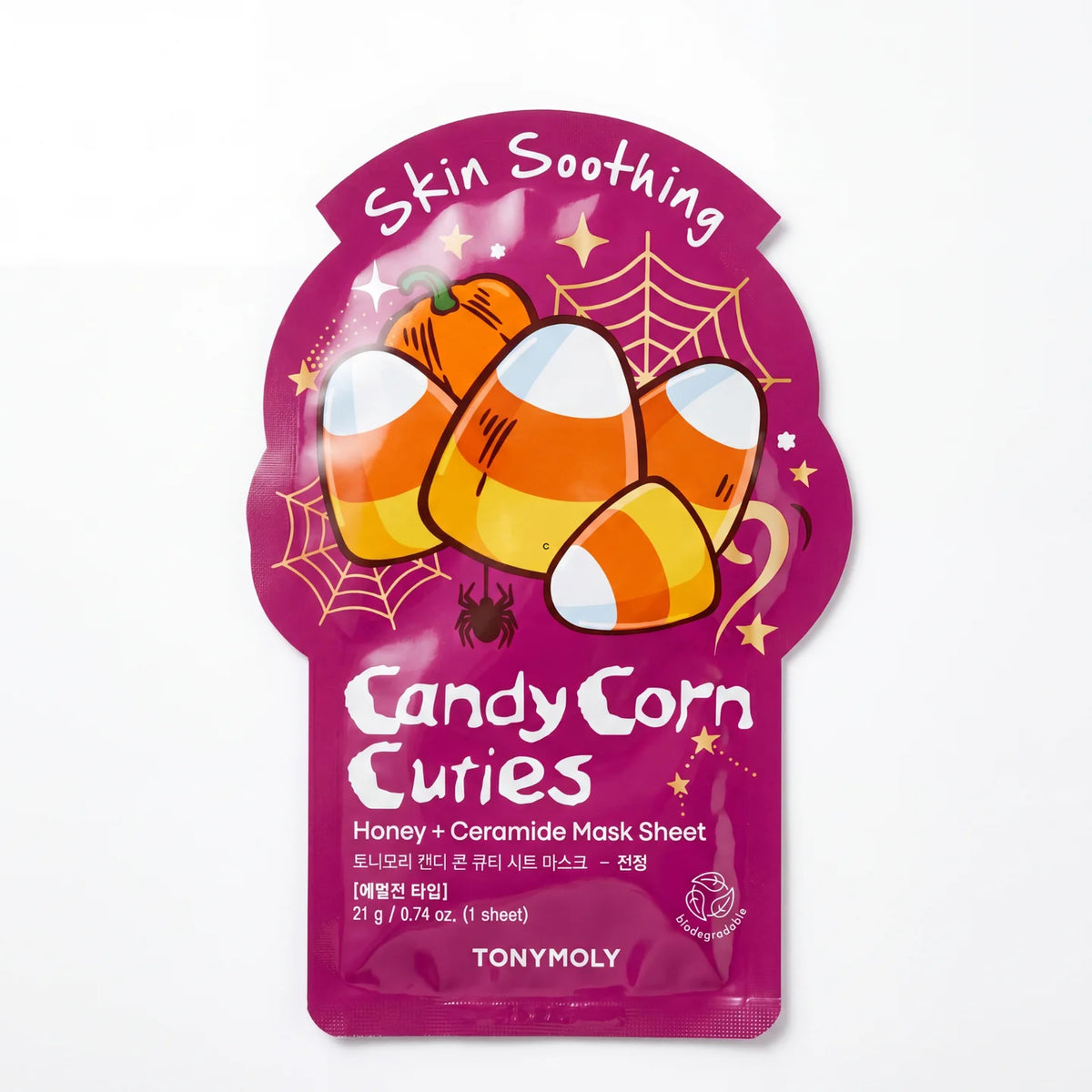 TonyMoly sheet mask pouch, Candy Corn Cuties theme, honey & ceramides, magenta orange