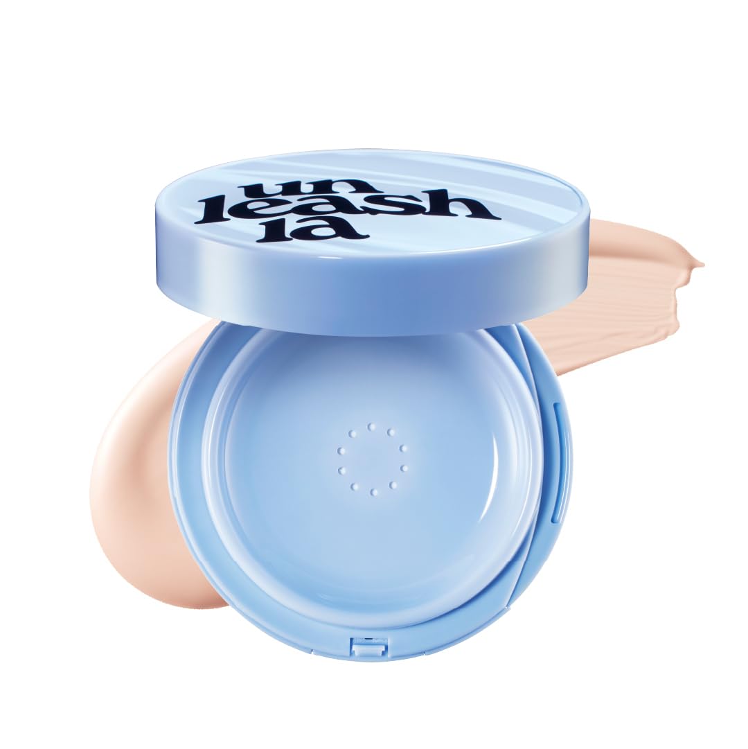Blue cushion compact with open lid, puff and powder well