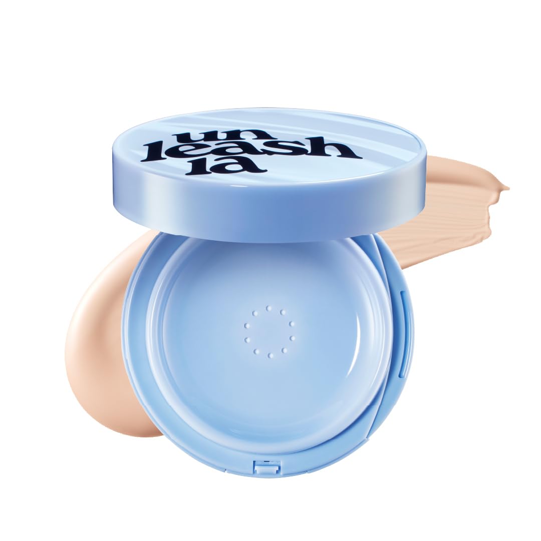 Blue cushion compact featuring a puff on the open compact base
