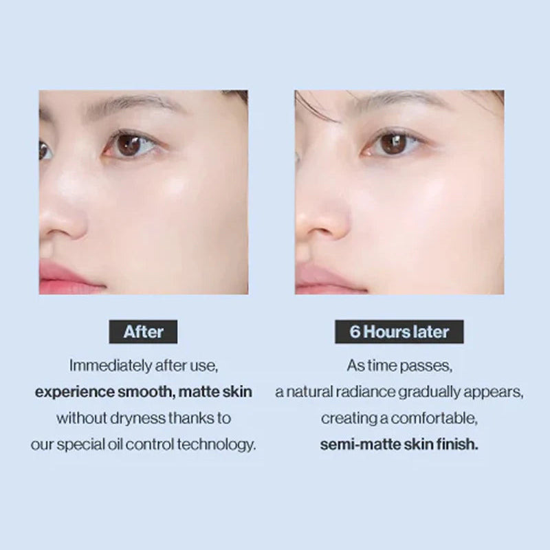 Skincare cushion compact result on face, showing smoother semi-matte skin after use