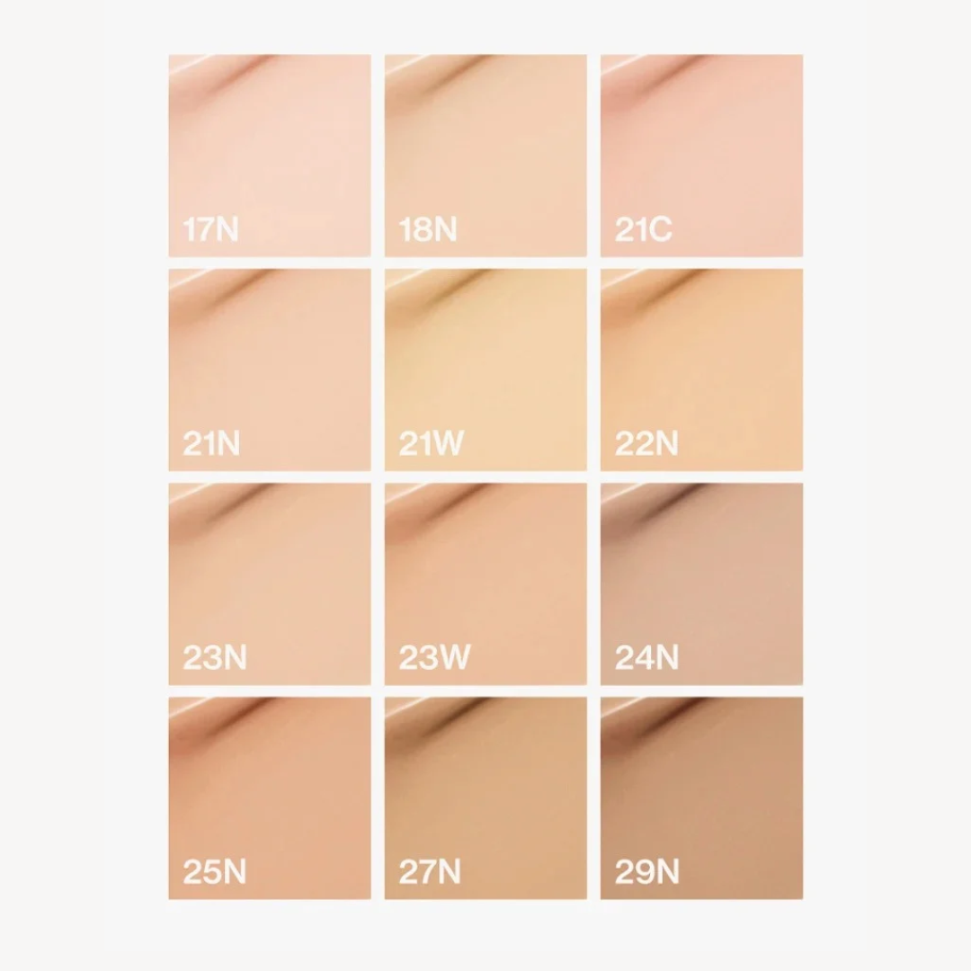 Assorted cushion compact shade swatches in nine beige tones