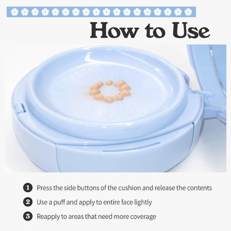 Light blue cushion compact with lid open, showing a circular inner well