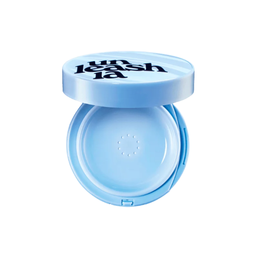 Light blue cushion compact with round flip-top lid and circular puff compartment