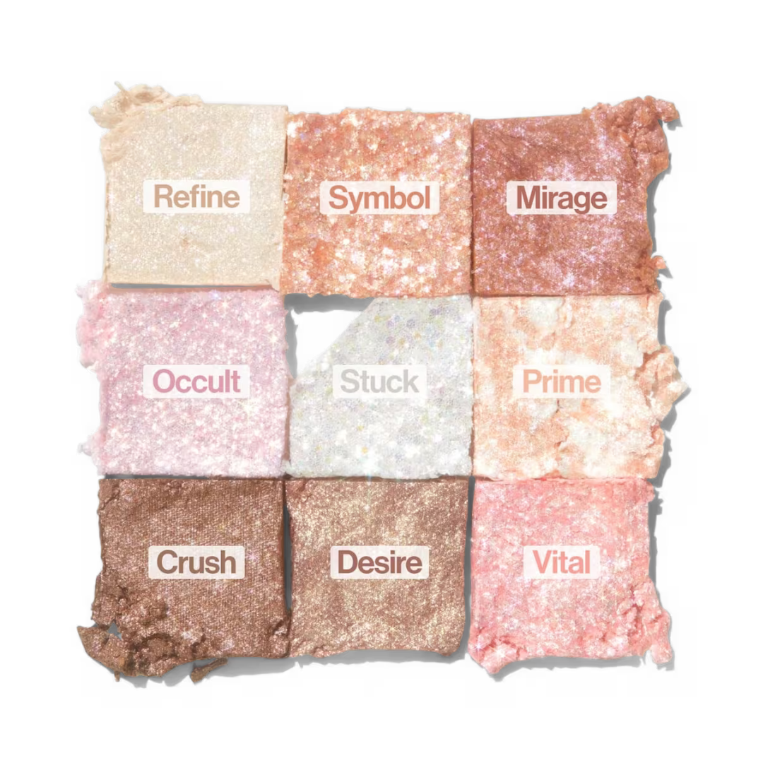 Nine pressed eyeshadow shades in beige, pink, peach, rose, white, and dark brown