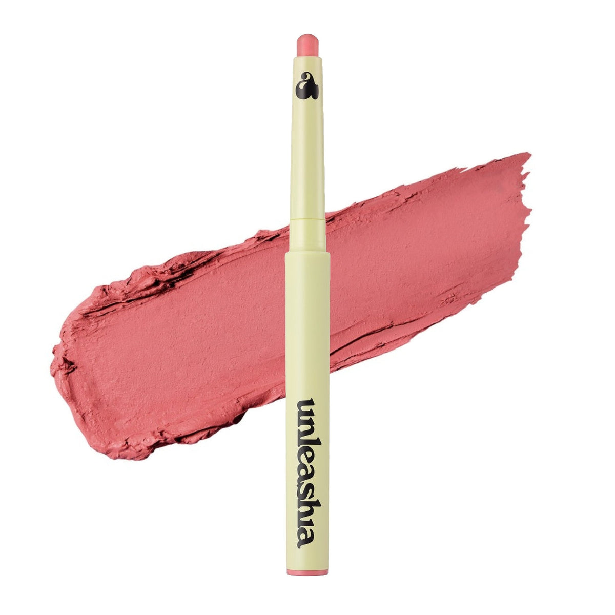 Matte lip pencil in coral pink shade, open cap with large swatch behind