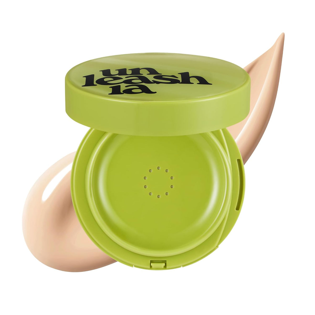 Green cushion compact with open case and light beige cream swatch