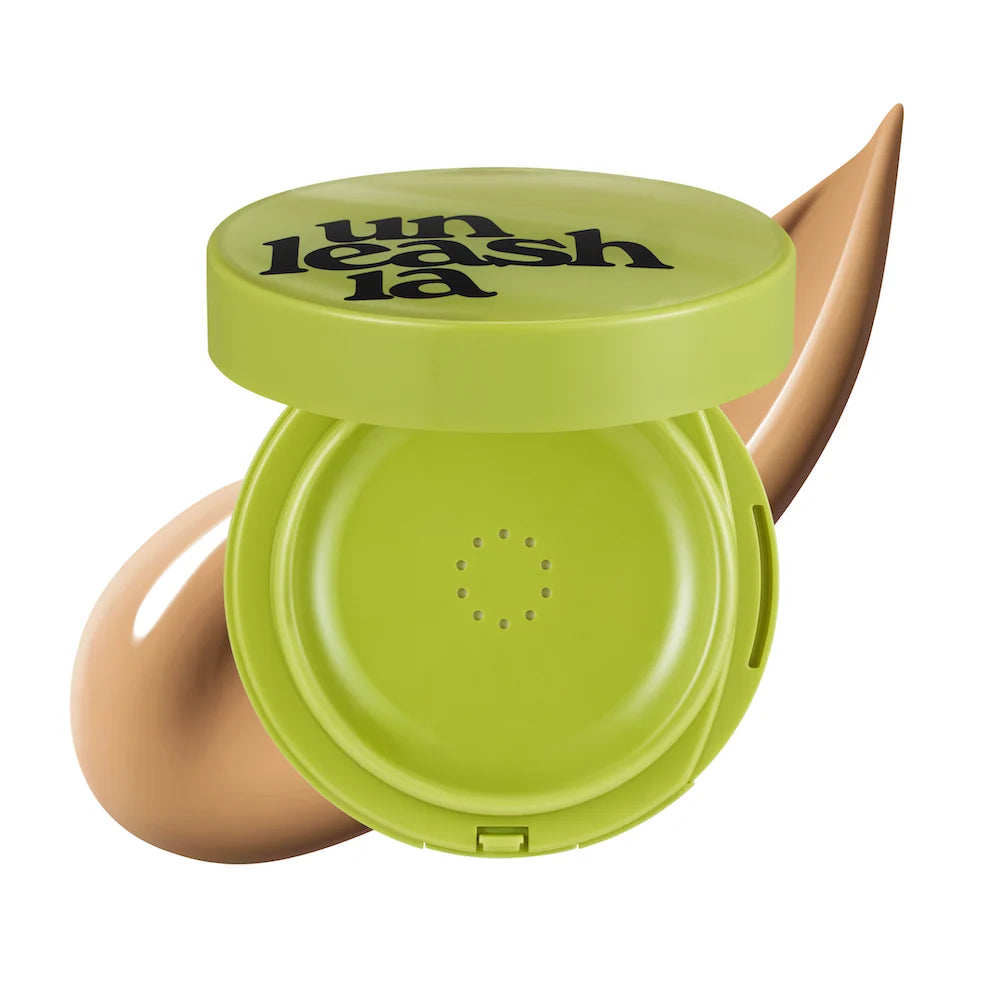 UNLEASHIA satin cushion compact in healthy green, angled view with lid