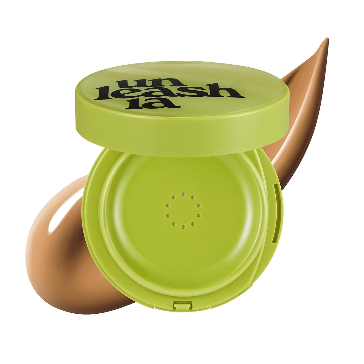 Healthy green satin cushion compact with pointed applicator and closed lid