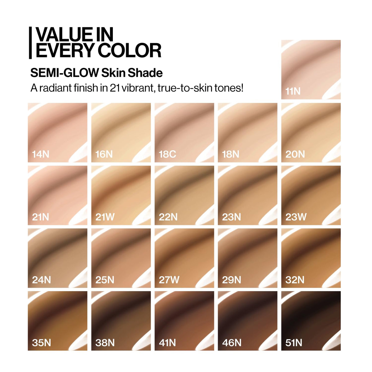 Shade swatch grid for cushion makeup in many skin-tone shades, small samples shown