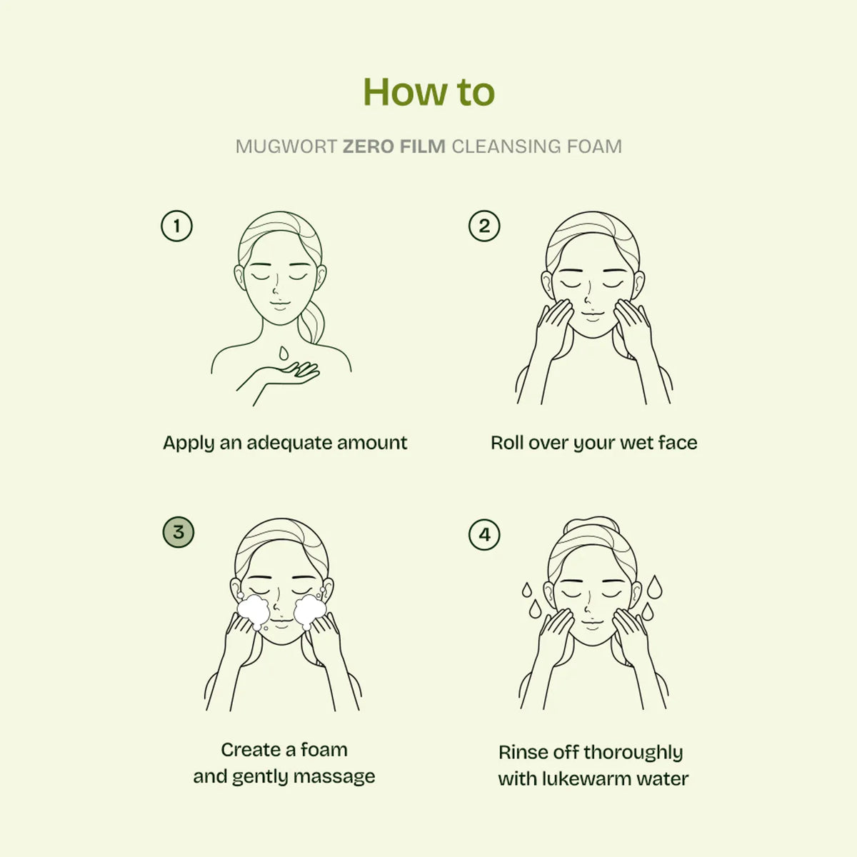 Cleansing foam how-to diagram with four numbered application steps