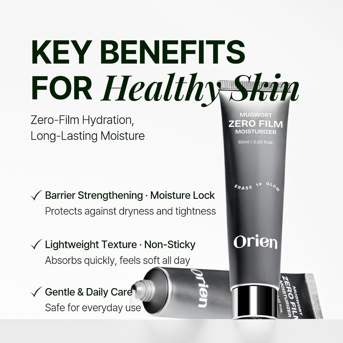 Moisturizer key benefits graphic with black Orien tube labeled Mugwort zero film