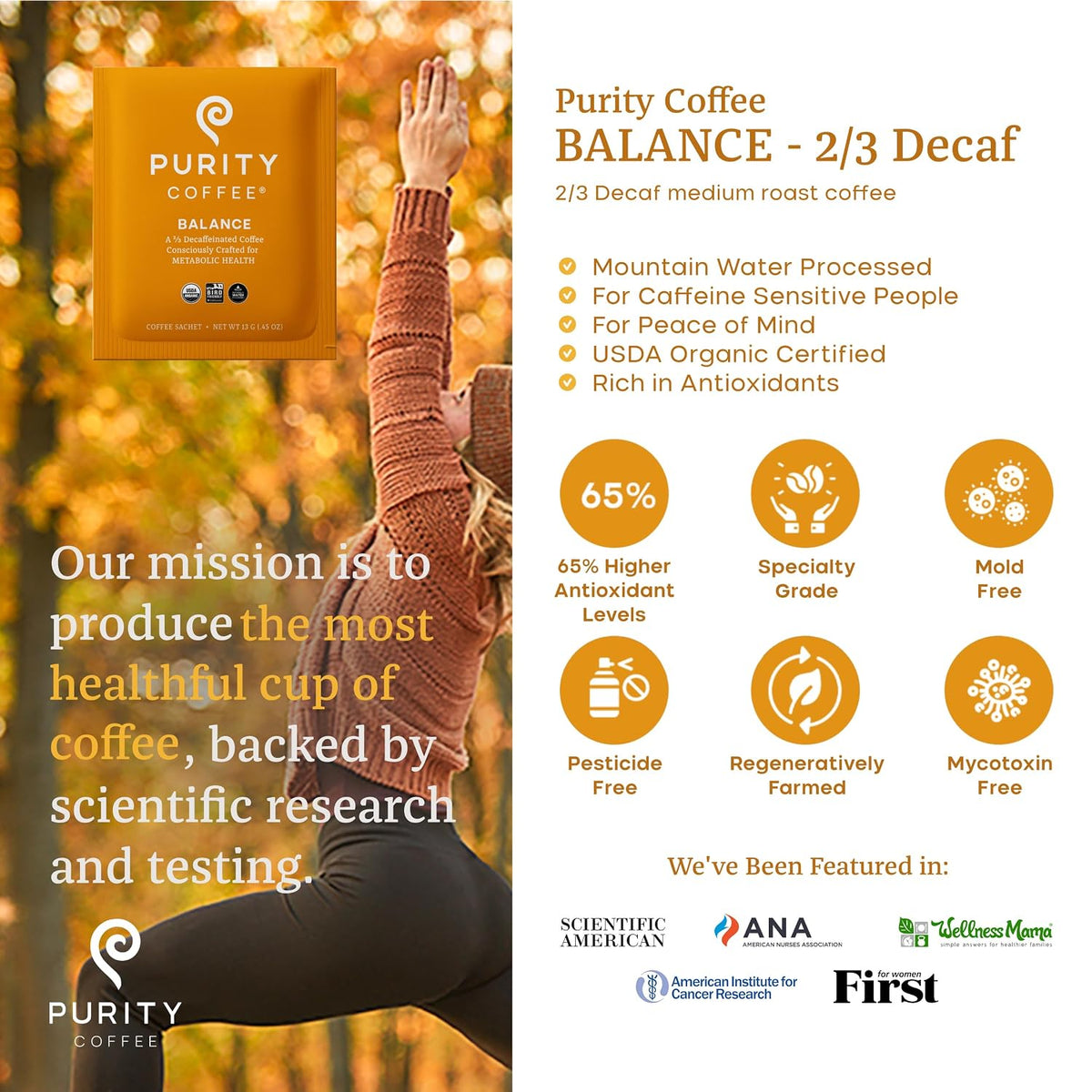 Purity Coffee Organic Mold Free Low Caffeine Coffee Sachets