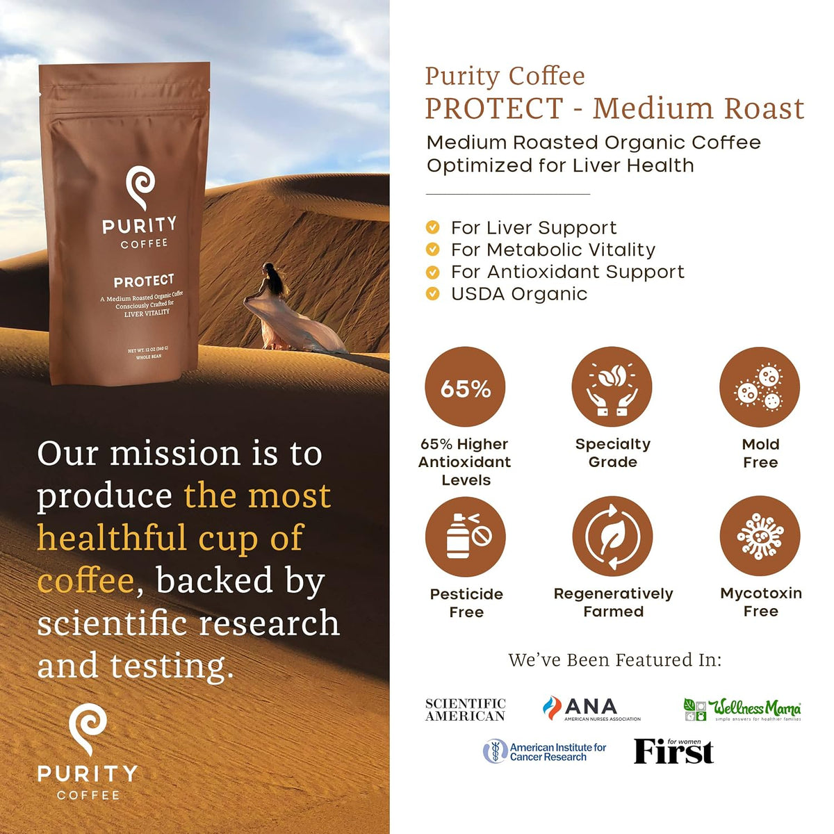 Purity Coffee Organic Mold Free Medium Roast Whole Bean Coffee