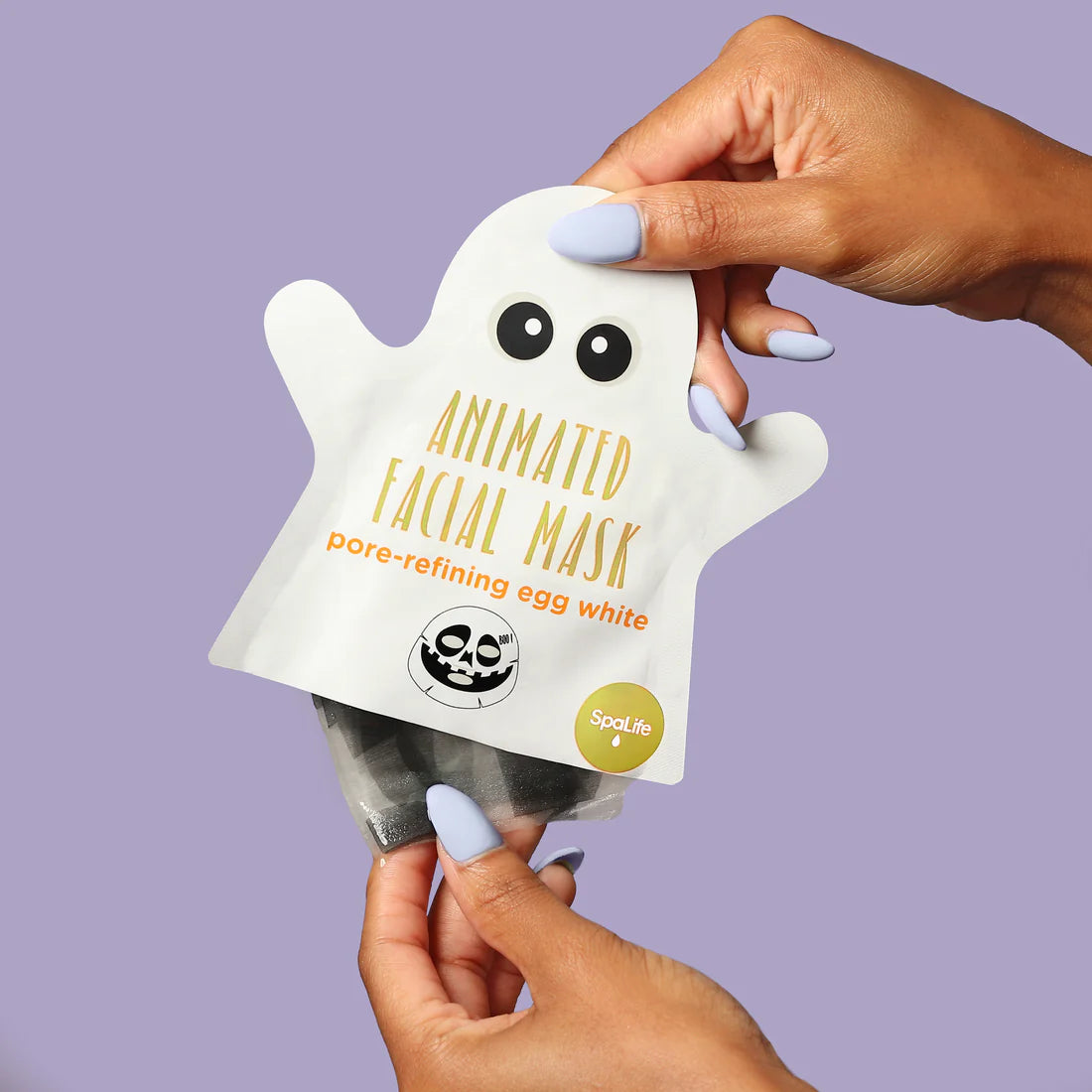 Animated ghost Halloween facial mask (white) for pore-refining use, with skull graphic