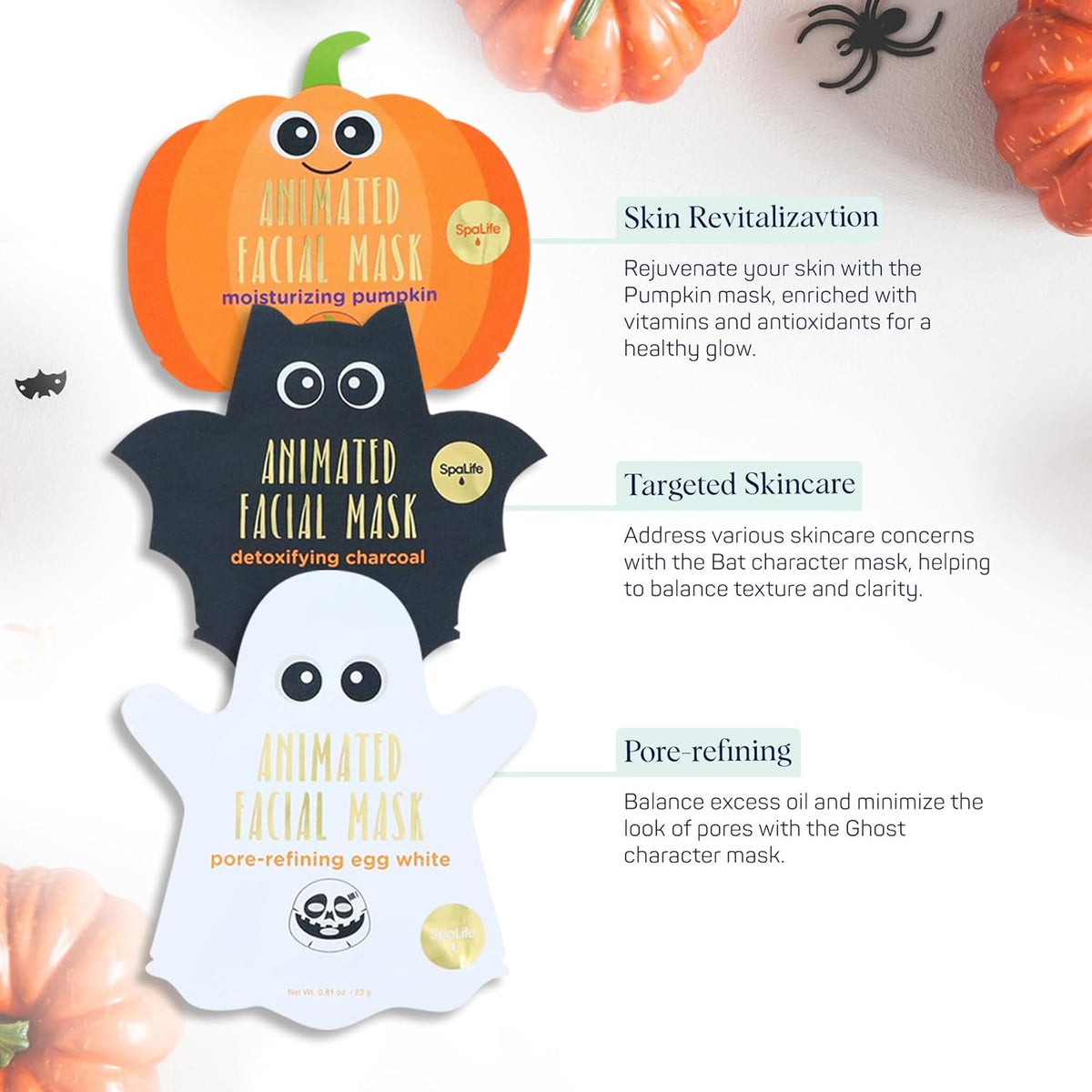 Set of animated Halloween facial masks: pumpkin, bat, and ghost designs (pack view)