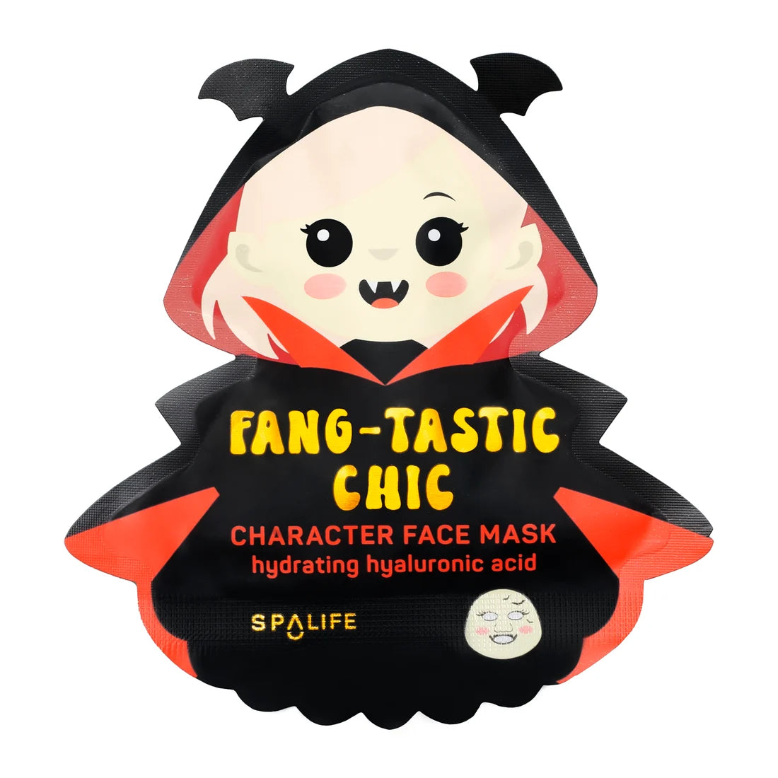 Fang-Tastic Chic character face mask packaging, black and orange vampire design