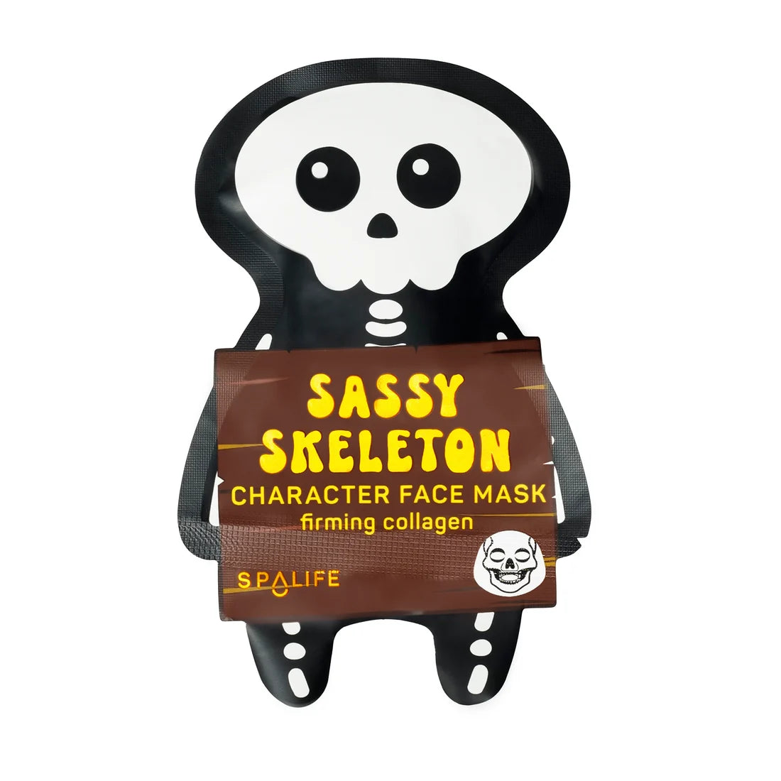 Sassy Skeletón character face mask sachet with cartoon skeleton face
