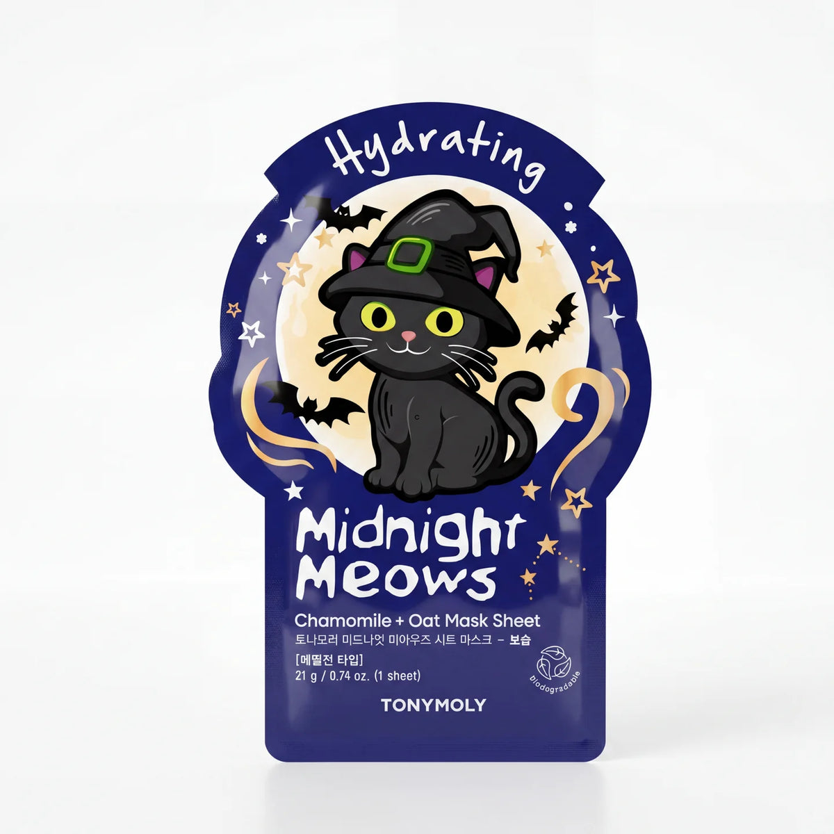 TonyMoly sheet mask pouch, Midnight Meows theme, chamomile & oats, navy blue