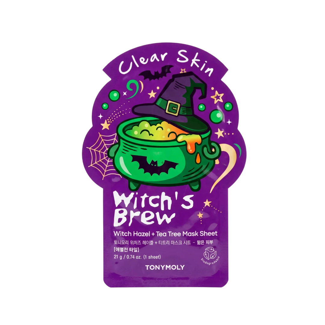 TonyMoly sheet mask pouch, Witch's Brew theme, witch hazel & tea tree, deep purple