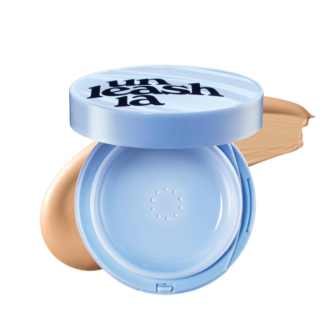 Blue cushion compact showing open powder well and tan cushion refill