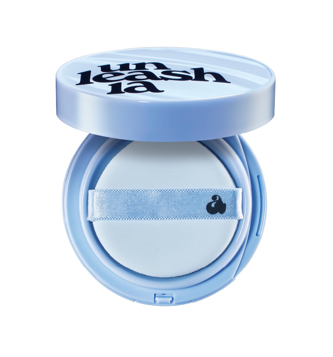 Blue cushion compact with removable puff shown over the open base