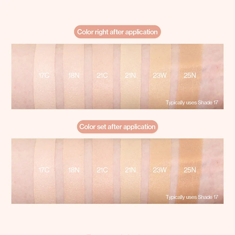 Blue cushion foundation shade swatch chart with six tone strips