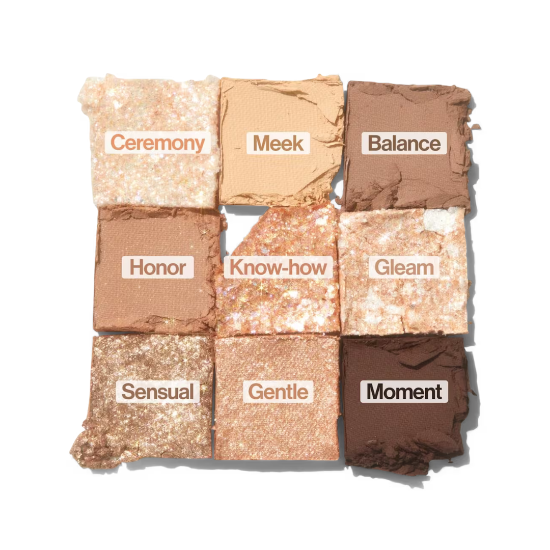 Nine pressed eyeshadow shades in champagne, light and medium browns, and rose-gold pink