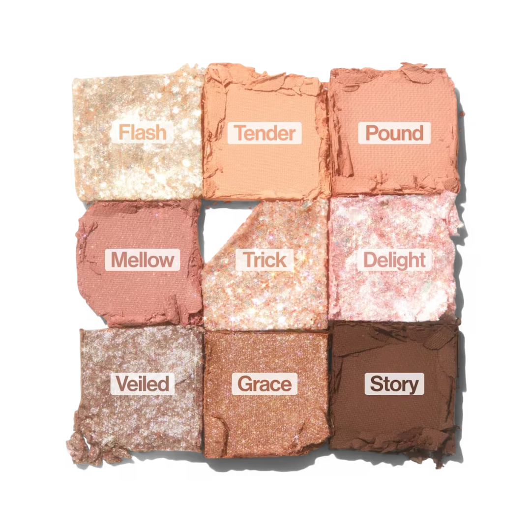 Nine pressed eyeshadow shades in nude, rose, mauve, brick, and soft brown with shimmer