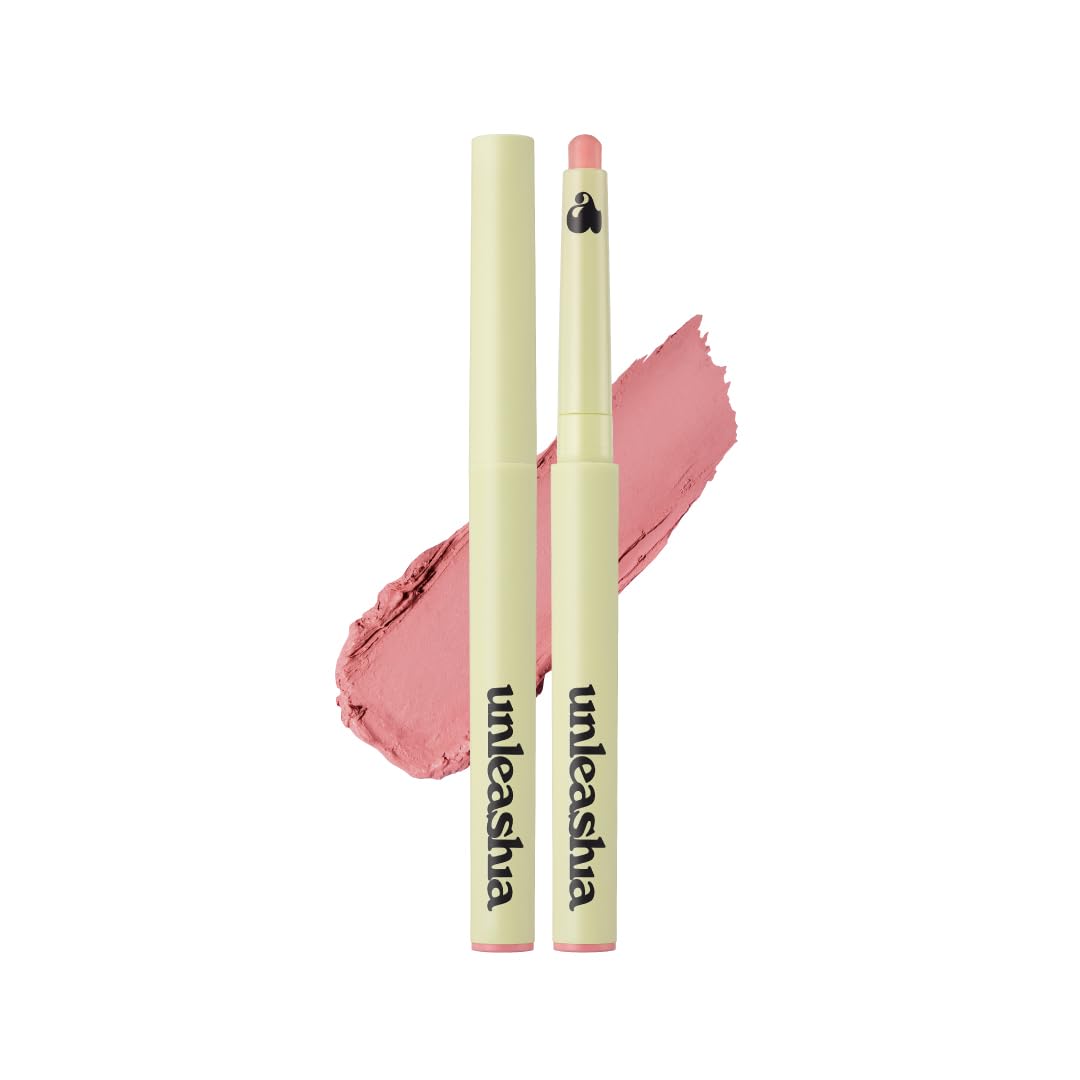 Matte lip pencil in mauve pink shade, open cap with creamy swatch