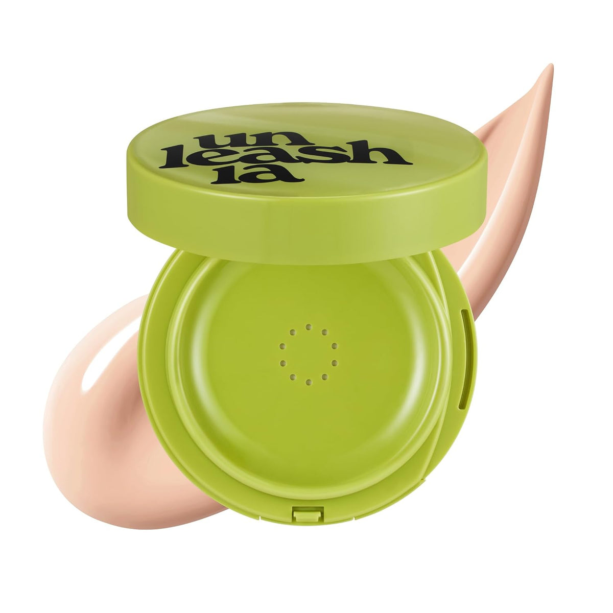 Green satin cushion compact with open applicator and light beige cream swatch