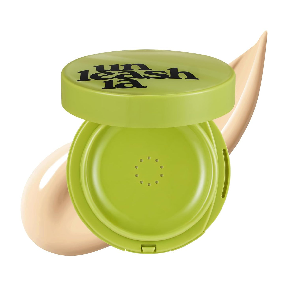 Healthy green satin cushion compact with lid and centered mist-dot detail