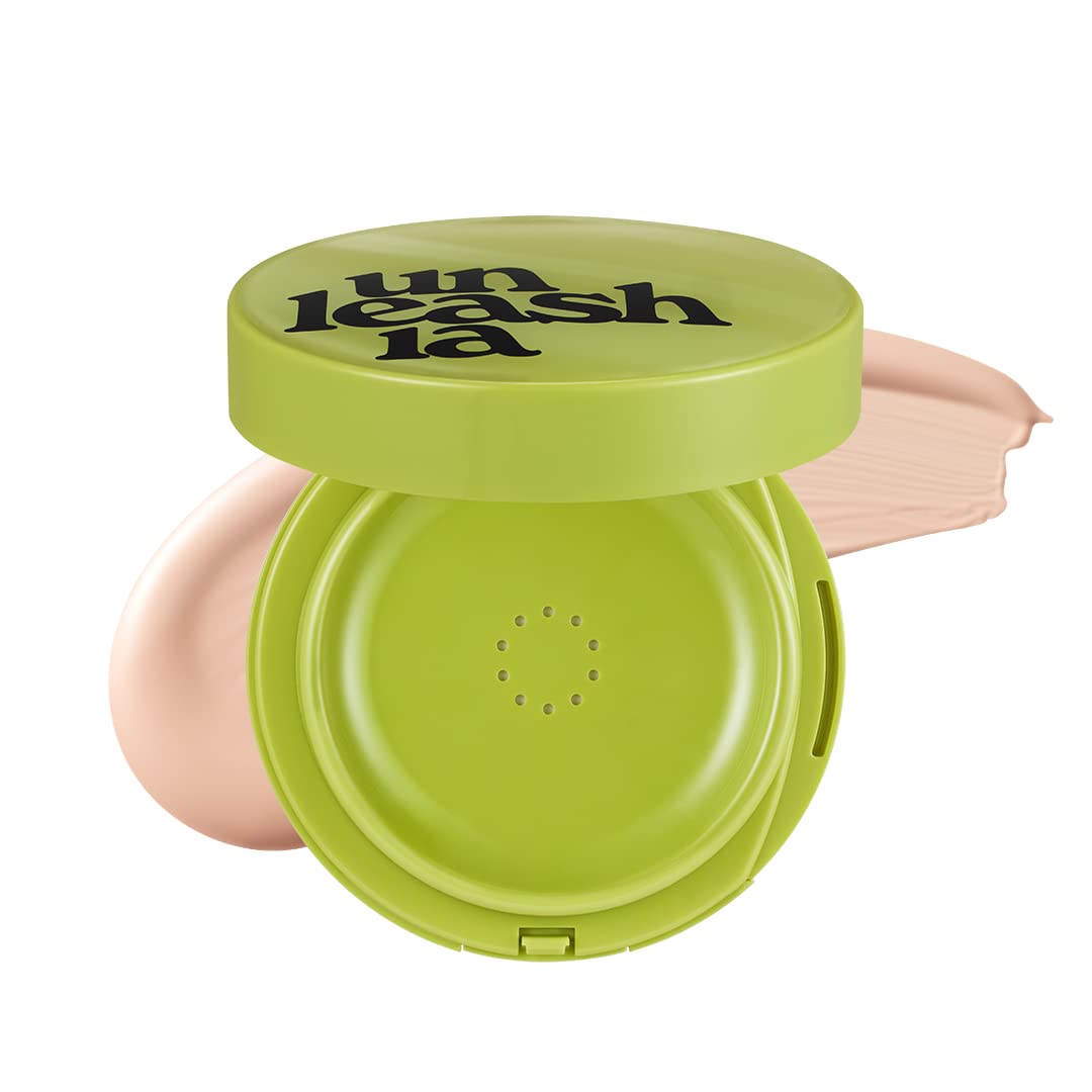 Green cushion compact with applicator and light beige cream swatch on the side