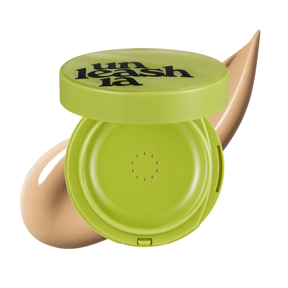 Healthy green satin cushion compact with pointed applicator, front view