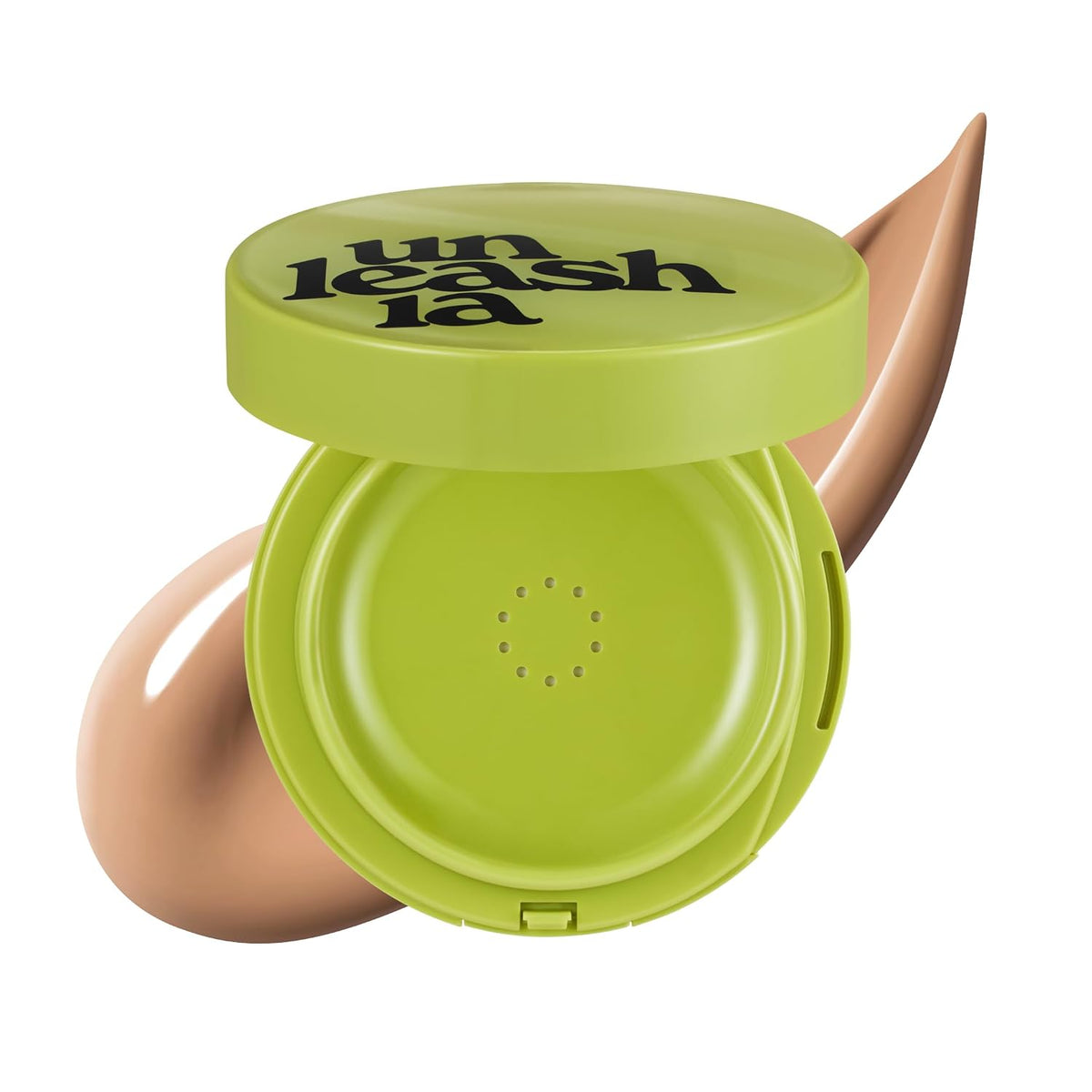 UNLEASHIA satin cushion compact in healthy green, with pointed applicator and lid