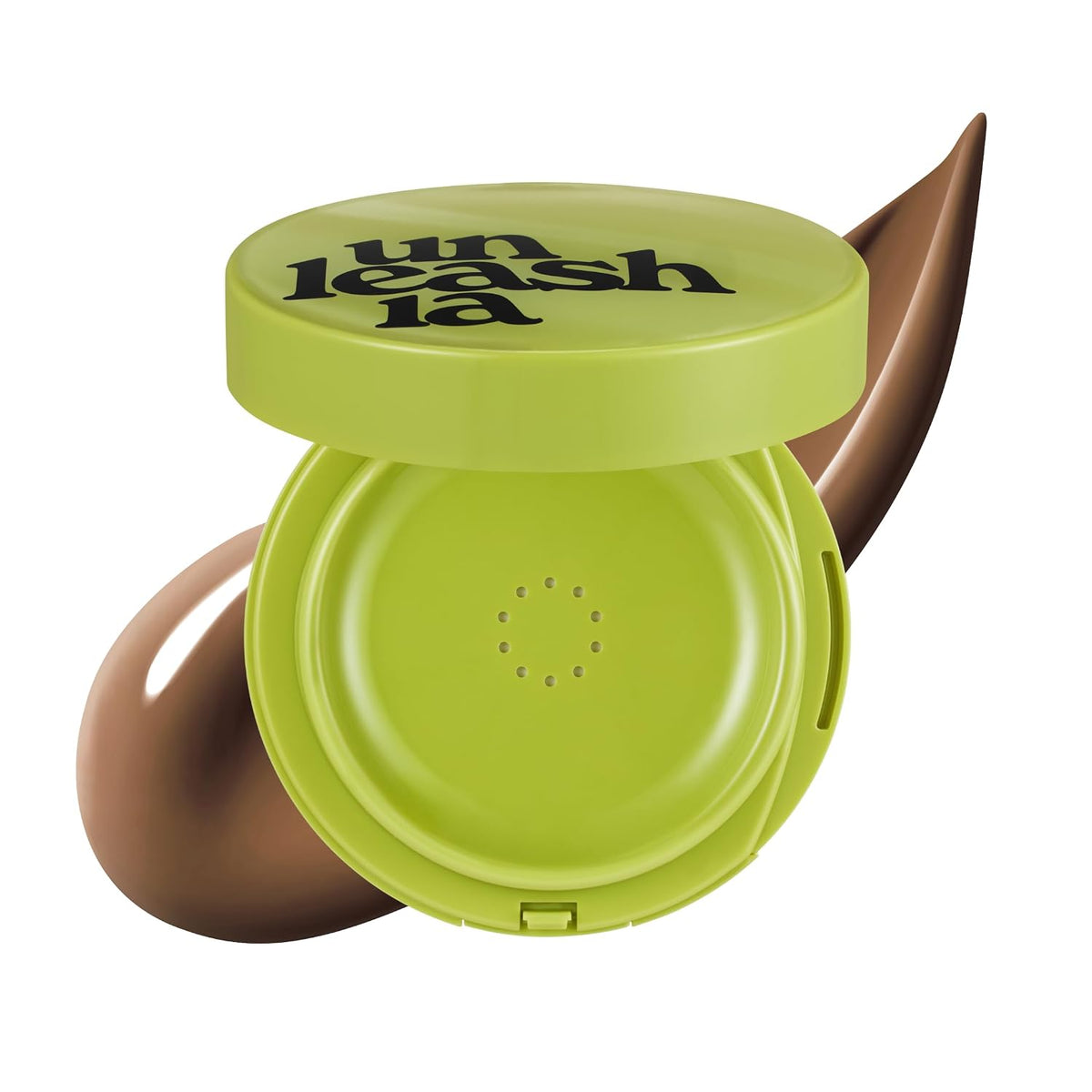 UNLEASHIA healthy green satin cushion compact, close front and side applicator