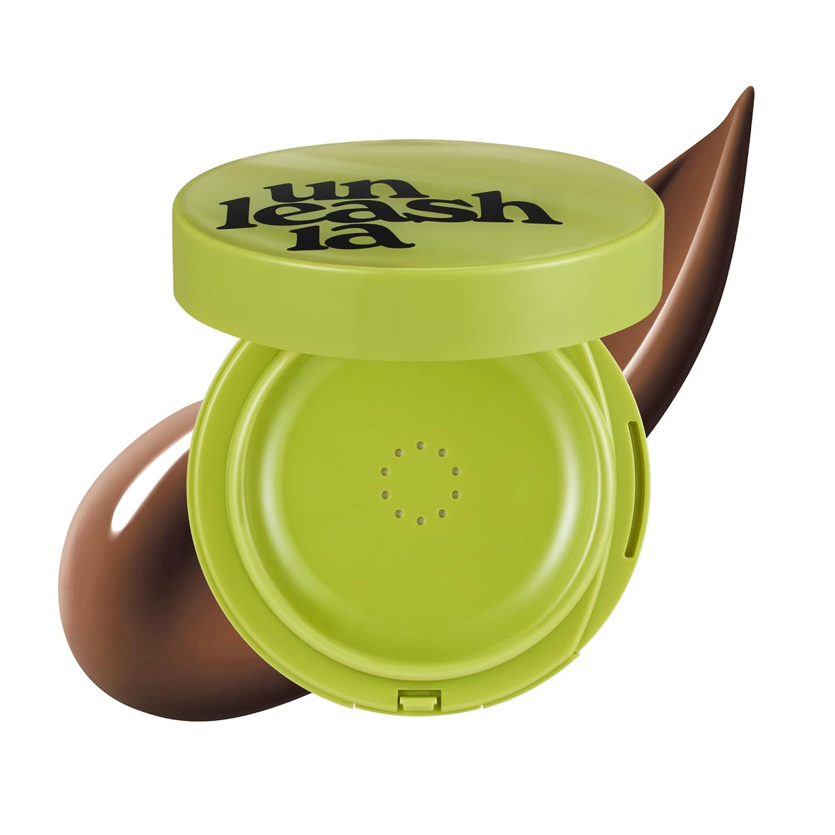 Green cushion compact with medium brown cream swatch behind the open case