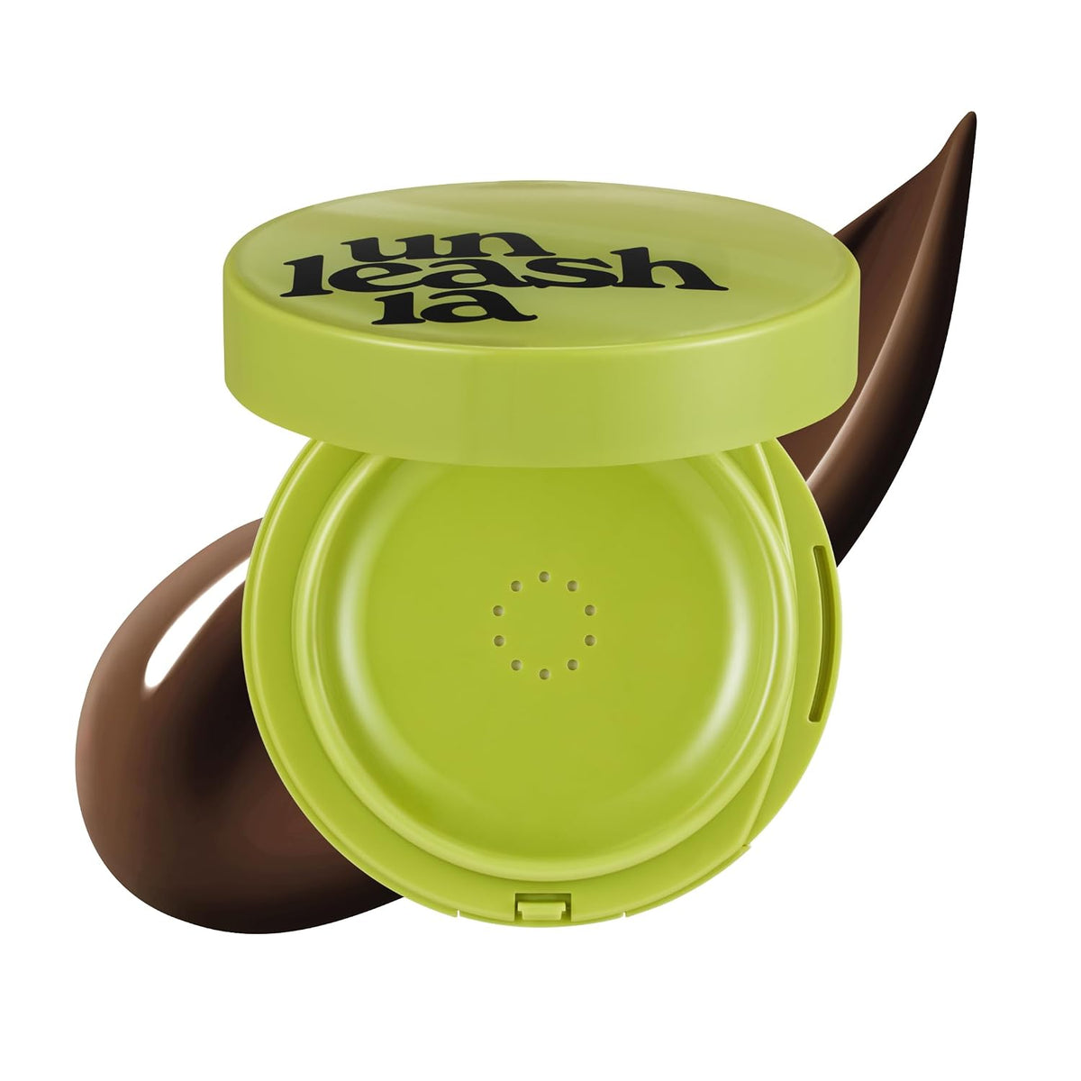 Green cushion compact with dark brown cream swatch behind the open case